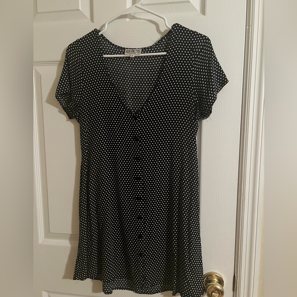 Black with white polka dot button down shirt style dress